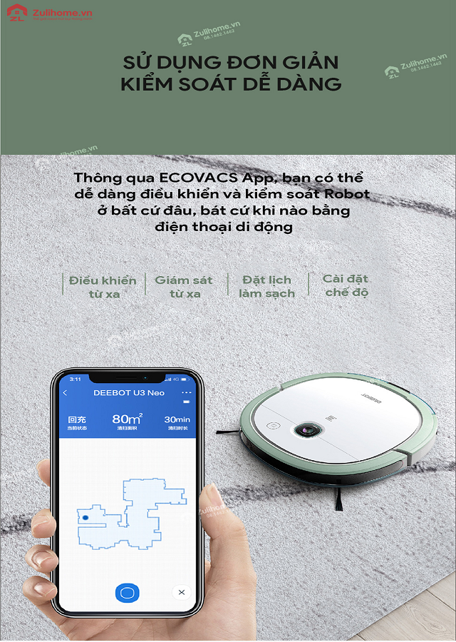 Nhờ App Ecovacs mà bạn có thể dễ dàng điều khiển và kiểm soát Robot bằng điện thoại