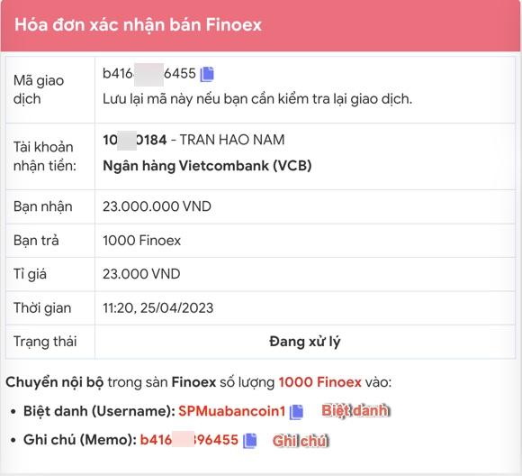 Chi tiết đơn hàng bán Finoex
