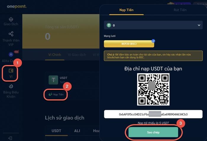 Cách lấy địa chỉ ví USDT BEP20 sàn 1Point