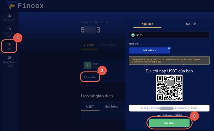 Cách lấy địa chỉ ví USDT BEP20 sàn Finoex